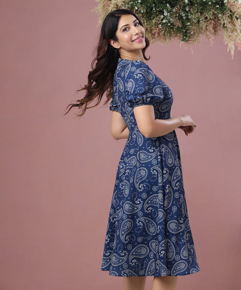 Puff Sleeve Paisley Printed Dress